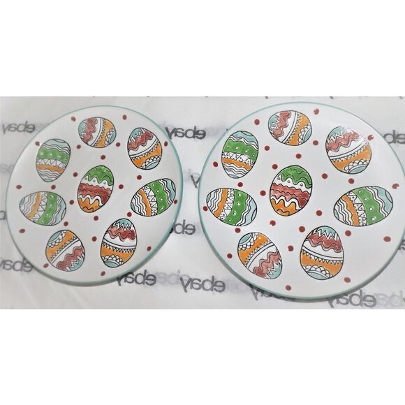 In Homestylez set of 2 multicolor Easter egg & polka-dot dishes 8.5 inch across - Picture 1 of 4